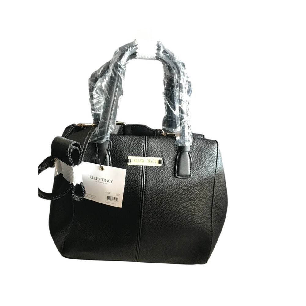Ellen Tracy NWT Black Satchel Bag Faux Leather Top Handle Classic Shoulder Purse